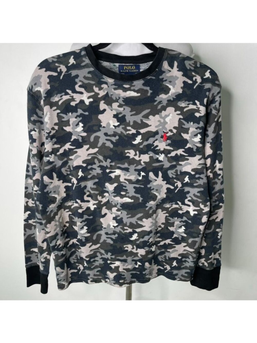 Polo Ralph Lauren Camo Thermal Waffle Knit Shirt Grey Camouflage Size Large Flaw